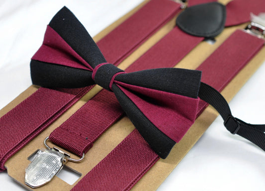 BLACK and Wine Red Burgundy Linen Bow tie Bowtie + Wine Red Suspenders Braces for Men / Youth/ Boys Kids / Baby Infant Toddler