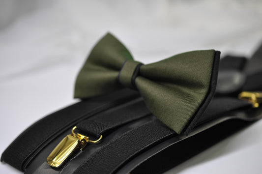 Olive Army Green and Black Bow tie Bowtie + Black Suspenders Braces Men / Youth / Boys Kids / Baby Infant Toddler