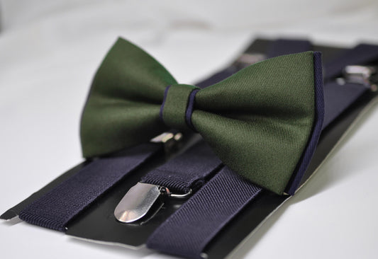 Olive Green Amy Green and Navy Blue Bow tie Bowtie + Navy Blue Suspenders Braces Men / Youth / Boys Kids / Baby Infant Toddler