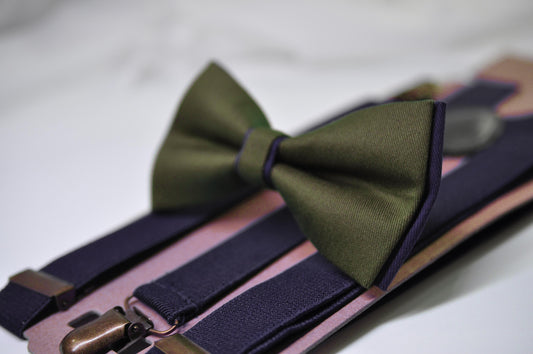 Olive Green Amy Green and Navy Blue Bow tie Bowtie + Navy Blue Suspenders Braces Men / Youth / Boys Kids / Baby Infant Toddler