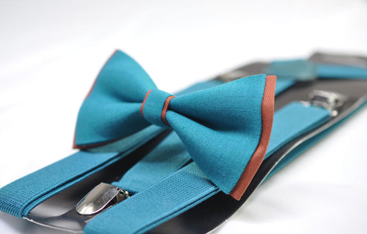 Teal Blue and Rust Terracotta Linen Cotton Bow tie Bowtie + Teal Elastic Suspenders Braces for Men / Youth / Boys Kids / Baby Infant Toddler