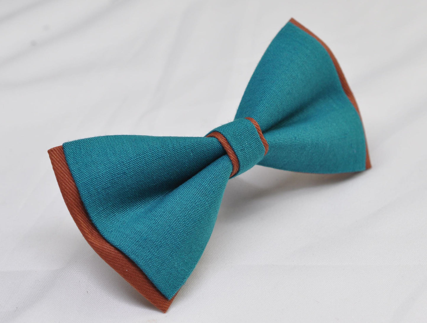 Teal Blue and Rust Terracotta Linen Cotton Bow tie Bowtie + Teal Elastic Suspenders Braces for Men / Youth / Boys Kids / Baby Infant Toddler