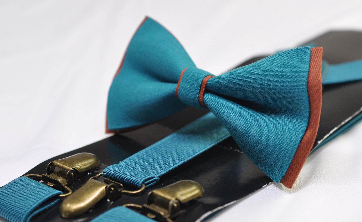 Teal Blue and Rust Terracotta Linen Cotton Bow tie Bowtie + Teal Elastic Suspenders Braces for Men / Youth / Boys Kids / Baby Infant Toddler