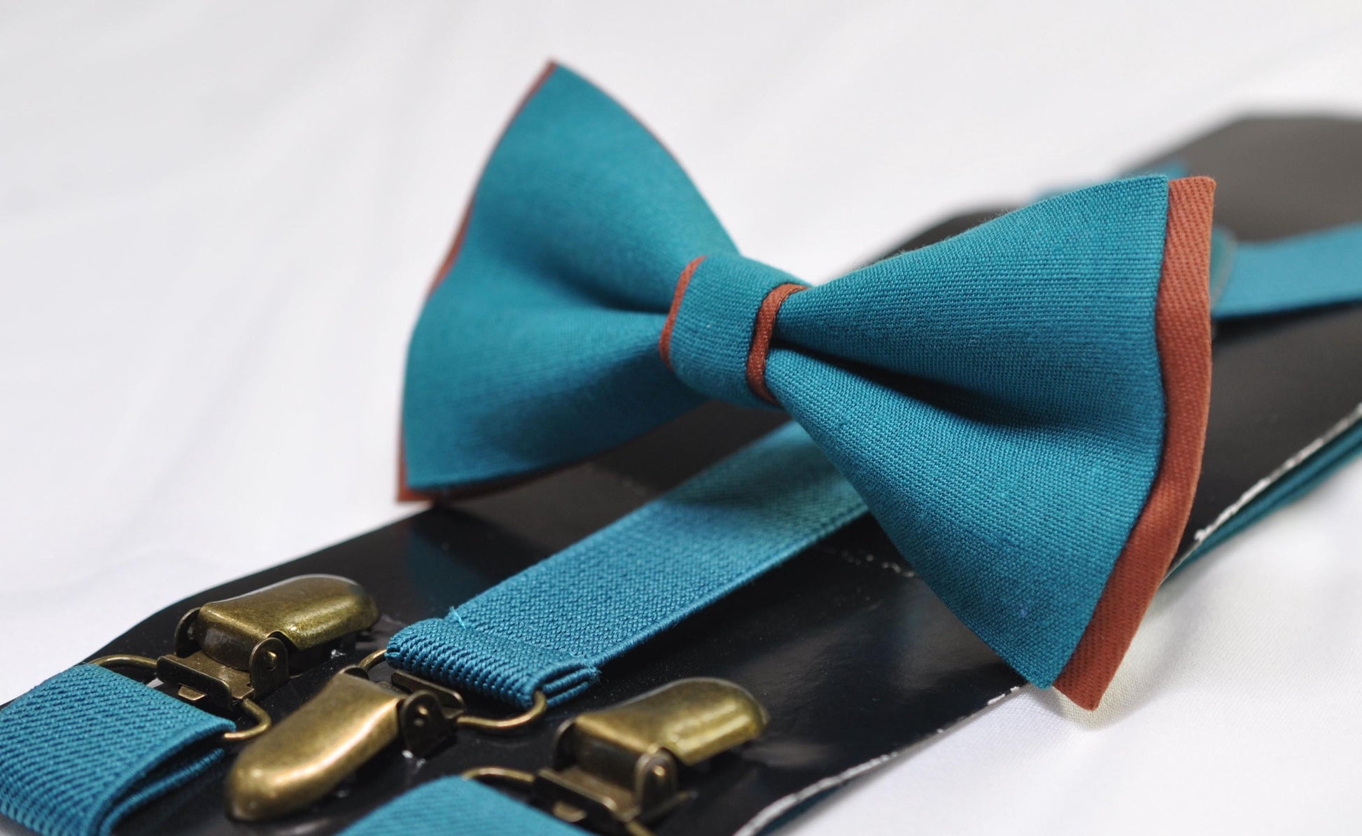 Teal Blue and Rust Terracotta Linen Cotton Bow tie Bowtie + Teal Elastic Suspenders Braces for Men / Youth / Boys Kids / Baby Infant Toddler