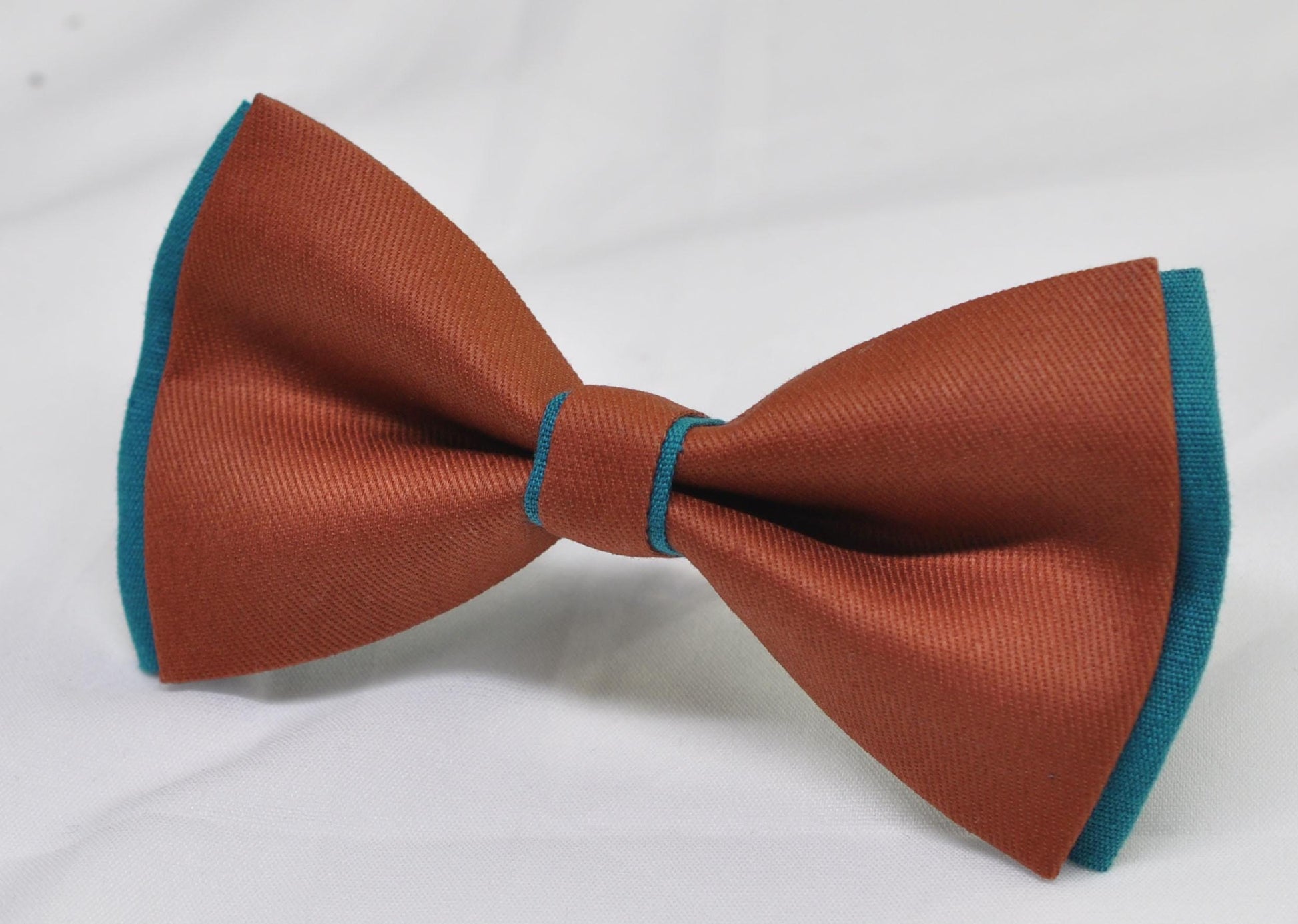 Teal Blue and Rust Terracotta Linen Cotton Bow tie Bowtie + Teal Elastic Suspenders Braces for Men / Youth / Boys Kids / Baby Infant Toddler