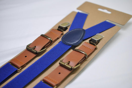 Indigo Blue Royal Blue Tan Faux Leather Y-Back Suspenders Braces Bronze Metal Clips Men Adult / Youth Teenage/ Kids Boy /Toddler Baby Infant
