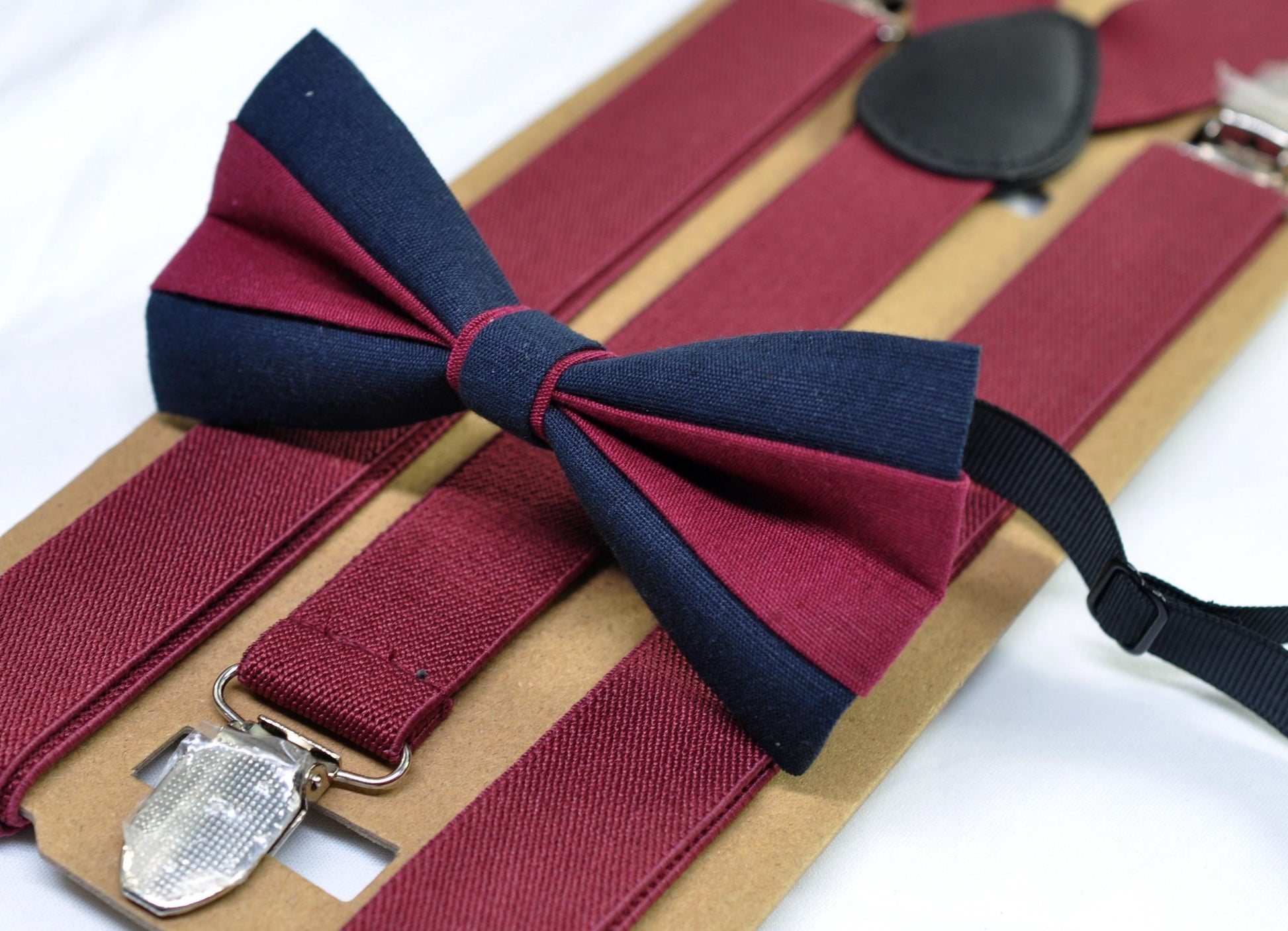 Dark Navy Blue and Wine Red Burgundy Linen Bow tie Bowtie + Wine Red Suspenders Braces for Men / Youth/ Boys Kids / Baby Infant Toddler