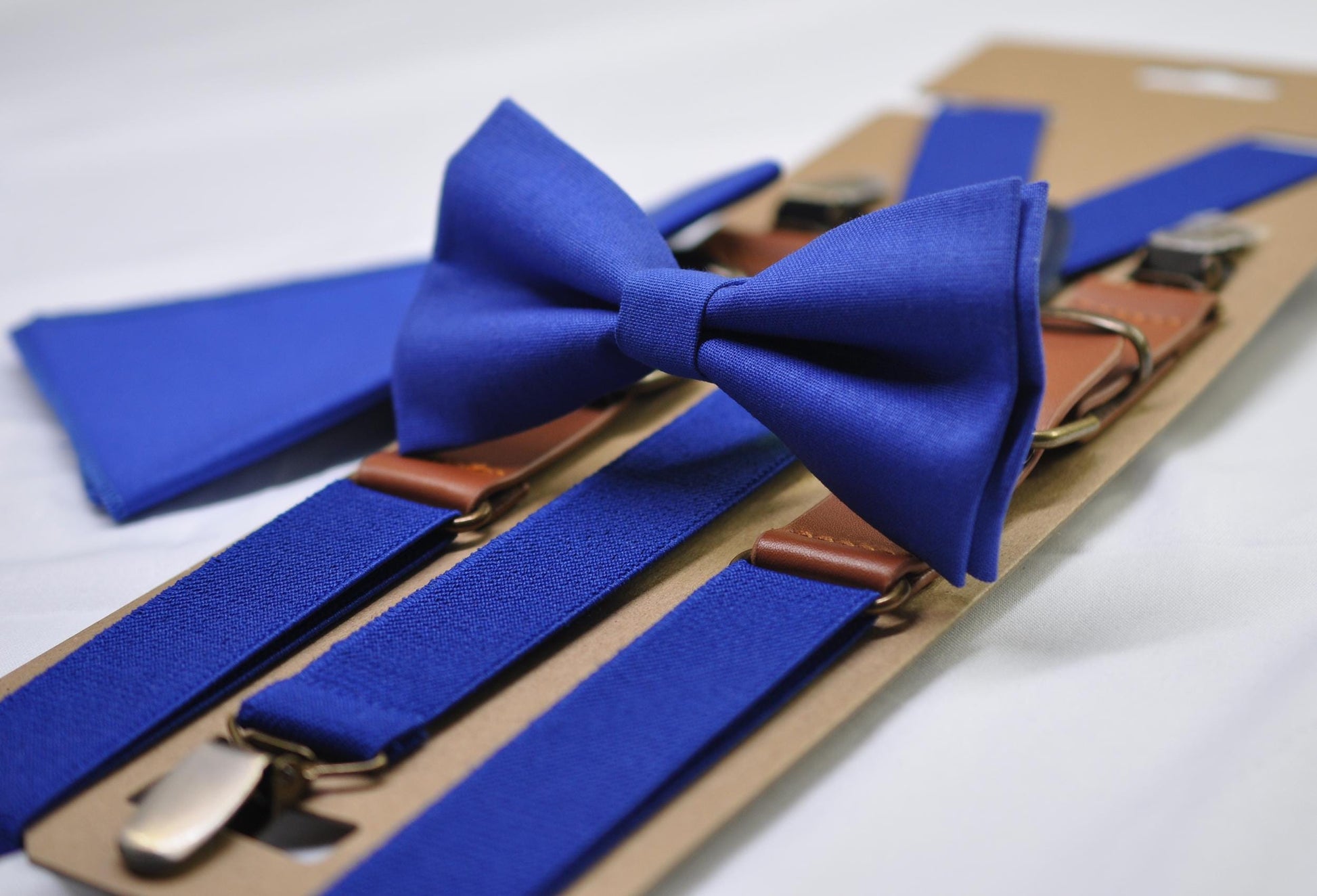 Royal Blue Indigo Bow tie + Elastic Suspenders Braces + Pocket Square Hanky Handkerchief for Men / Youth / Boys Kids / Baby Infant