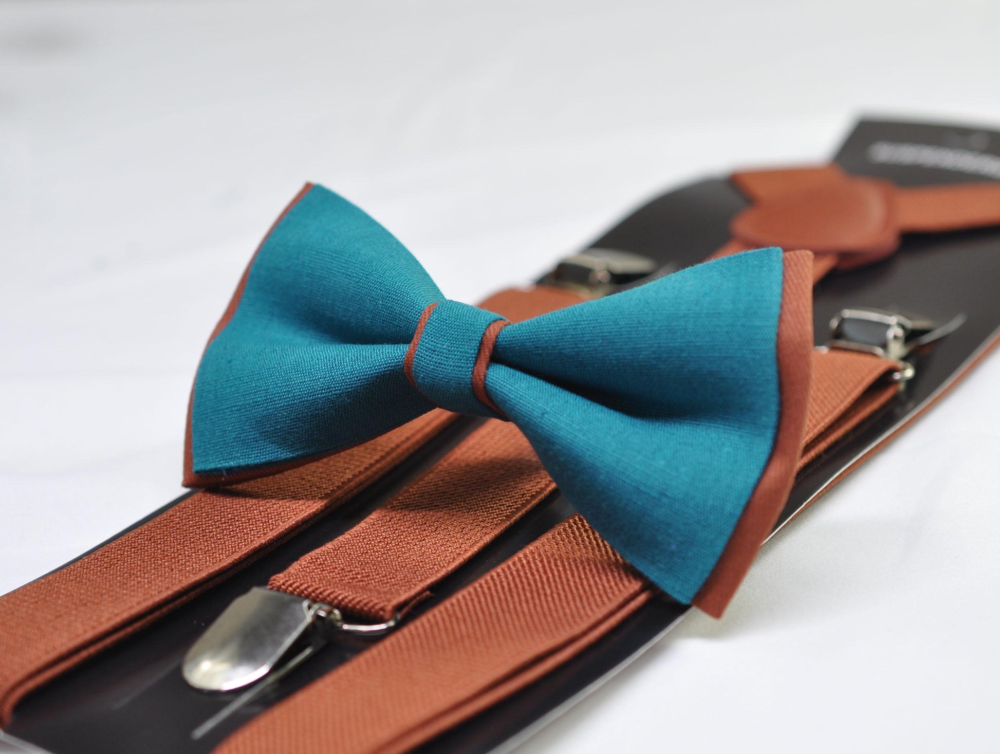 Teal Blue and Rust Terracotta Linen Cotton Bow tie Bowtie + Rust Elastic Suspenders Braces for Men / Youth / Boys Kids / Baby Infant Toddler