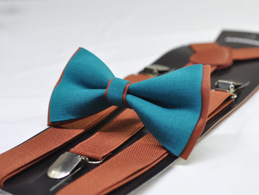 Teal Blue and Rust Terracotta Linen Cotton Bow tie Bowtie + Rust Elastic Suspenders Braces for Men / Youth / Boys Kids / Baby Infant Toddler