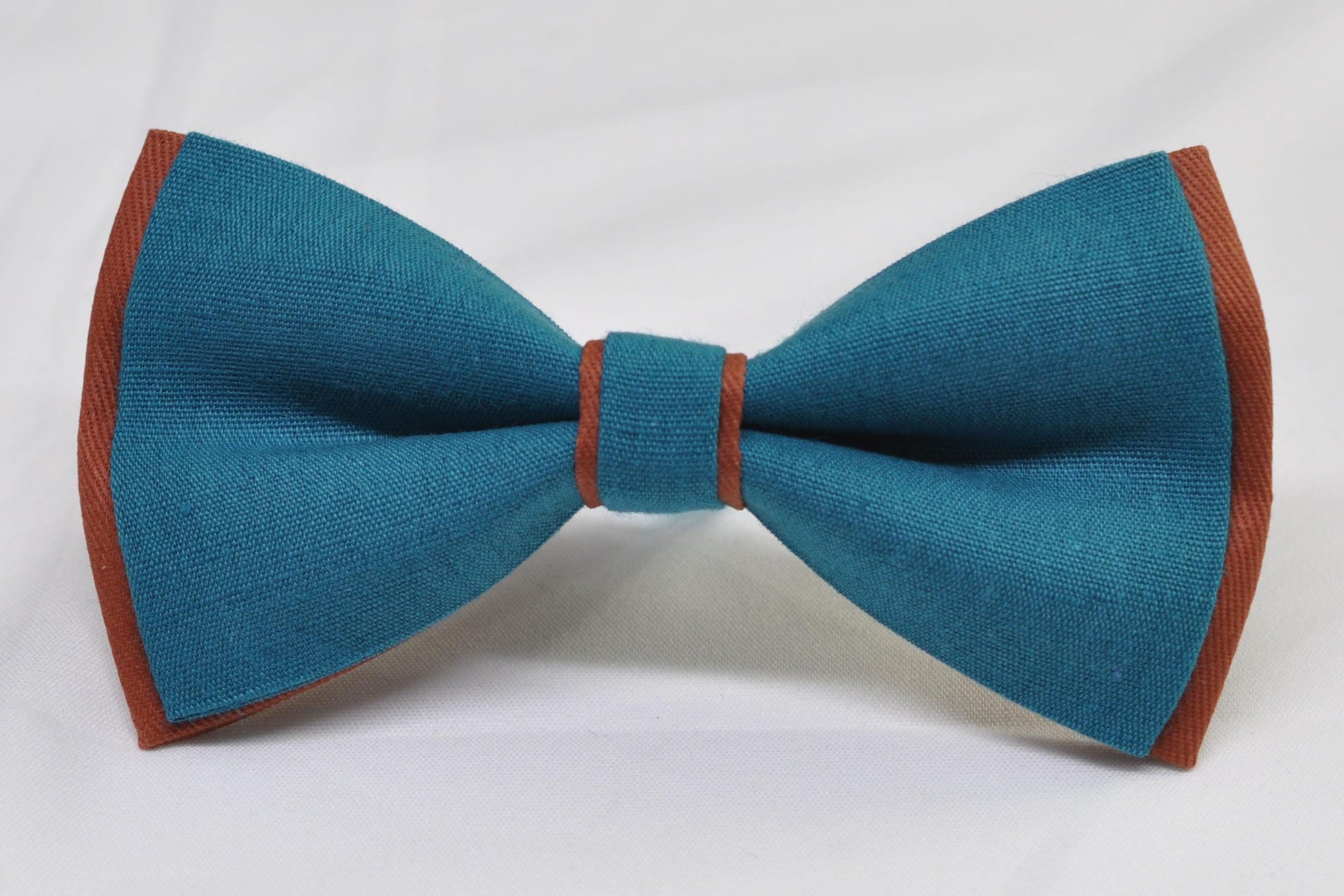Teal Blue and Rust Terracotta Linen Cotton Bow tie Bowtie + Teal Elastic Suspenders Braces for Men / Youth / Boys Kids / Baby Infant Toddler