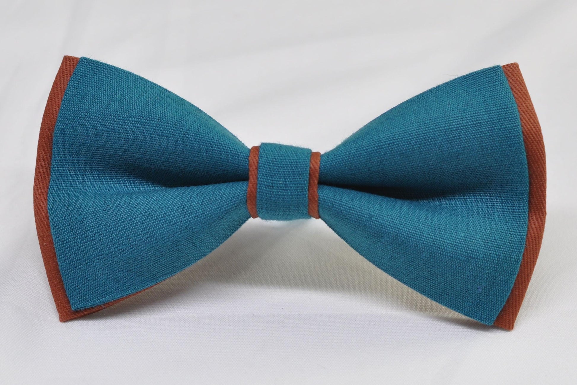 Teal Blue and Rust Terracotta Linen Cotton Bow tie Bowtie + Teal Elastic Suspenders Braces for Men / Youth / Boys Kids / Baby Infant Toddler