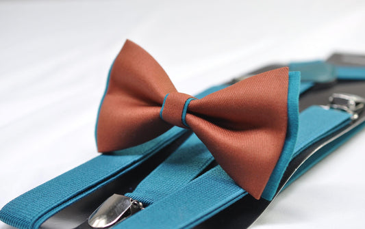 Teal Blue and Rust Terracotta Linen Cotton Bow tie Bowtie + Teal Elastic Suspenders Braces for Men / Youth / Boys Kids / Baby Infant Toddler