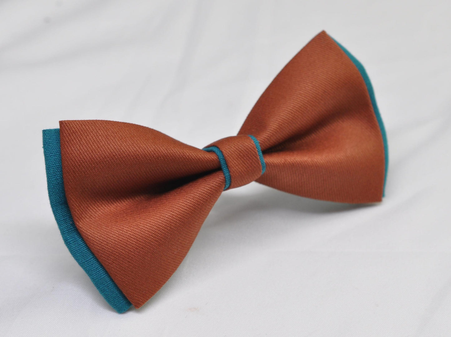 Teal Blue and Rust Terracotta Linen Cotton Bow tie Bowtie + Teal Elastic Suspenders Braces for Men / Youth / Boys Kids / Baby Infant Toddler