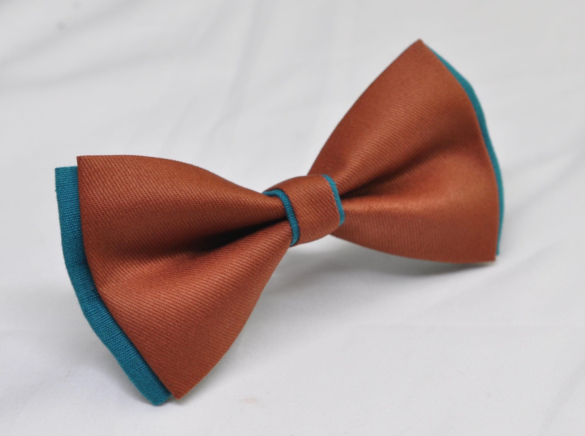 Teal Blue and Rust Terracotta Linen Cotton Bow tie Bowtie + Teal Elastic Suspenders Braces for Men / Youth / Boys Kids / Baby Infant Toddler