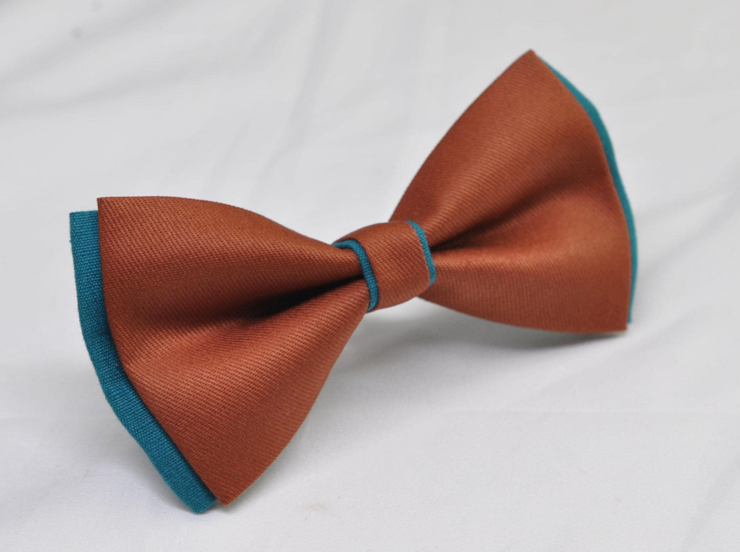 Teal Blue and Rust Terracotta Linen Cotton Bow tie Bowtie + Teal Elastic Suspenders Braces for Men / Youth / Boys Kids / Baby Infant Toddler