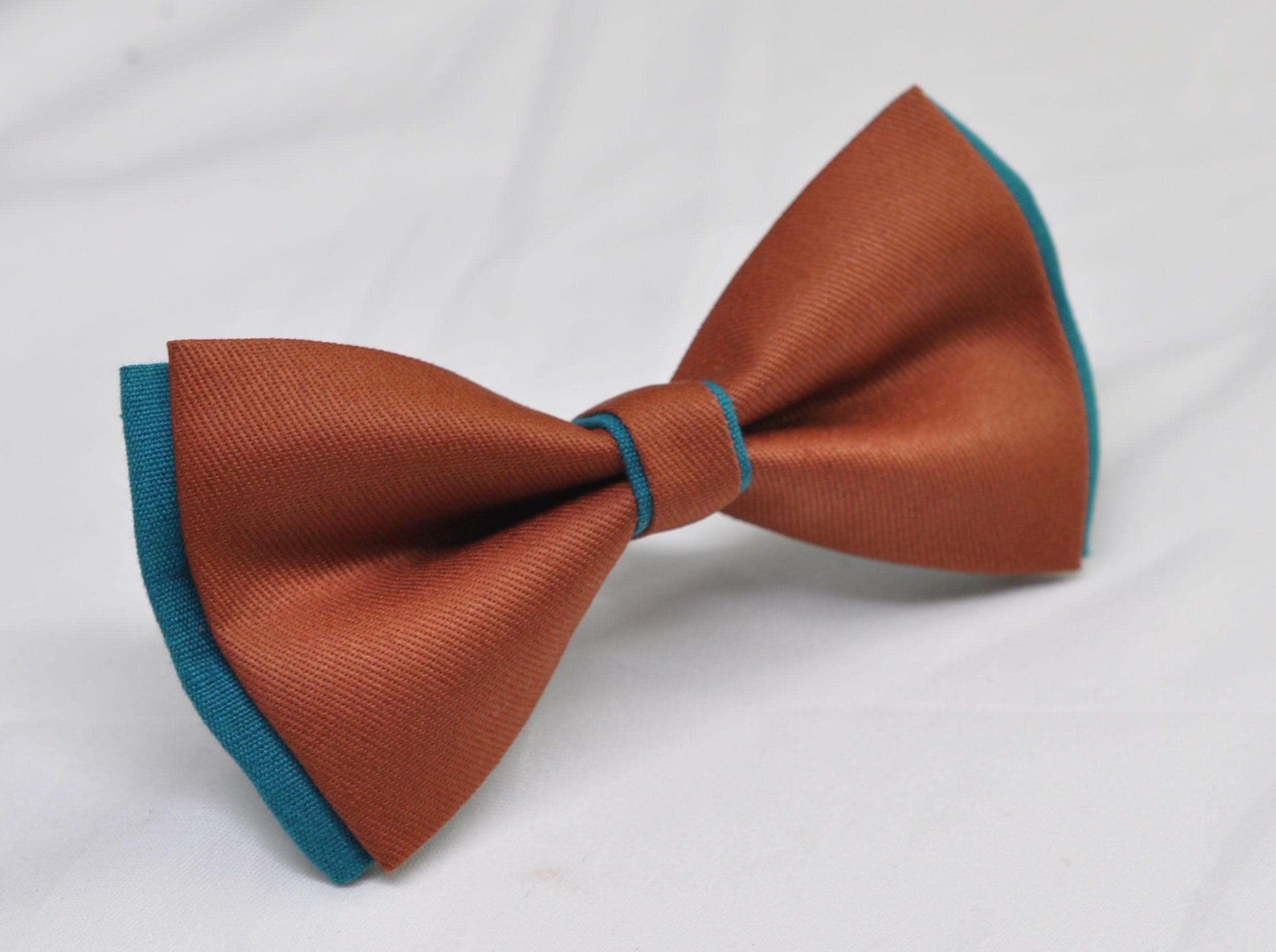 Teal Blue and Rust Terracotta Linen Cotton Bow tie Bowtie + Teal Elastic Suspenders Braces for Men / Youth / Boys Kids / Baby Infant Toddler