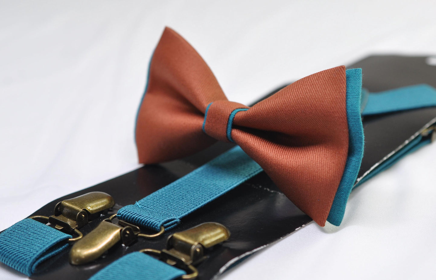 Teal Blue and Rust Terracotta Linen Cotton Bow tie Bowtie + Teal Elastic Suspenders Braces for Men / Youth / Boys Kids / Baby Infant Toddler