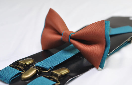Teal Blue and Rust Terracotta Linen Cotton Bow tie Bowtie + Teal Elastic Suspenders Braces for Men / Youth / Boys Kids / Baby Infant Toddler