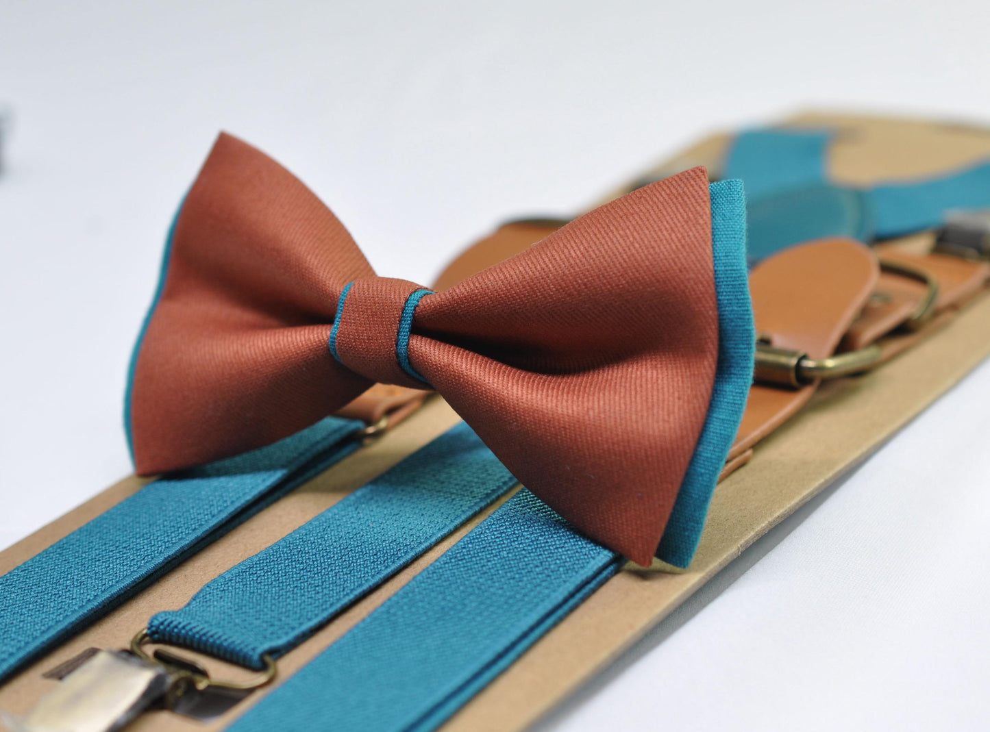 Teal Blue and Rust Terracotta Linen Cotton Bow tie Bowtie + Teal Elastic Suspenders Braces for Men / Youth / Boys Kids / Baby Infant Toddler