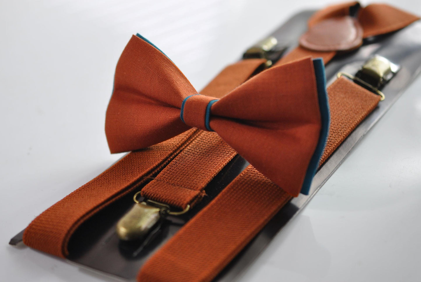 Turquoise Teal Blue and Burnt Orange Linen Bow tie Bowtie + Burnt Orange Suspenders Braces Men / Youth / Boys Kids / Baby Infant Toddler