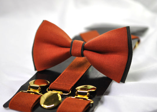 Black and Burnt Orange Linen Bow tie Bowtie + Burnt Orange Suspenders Braces Men / Youth / Boys Kids / Baby Infant Toddler