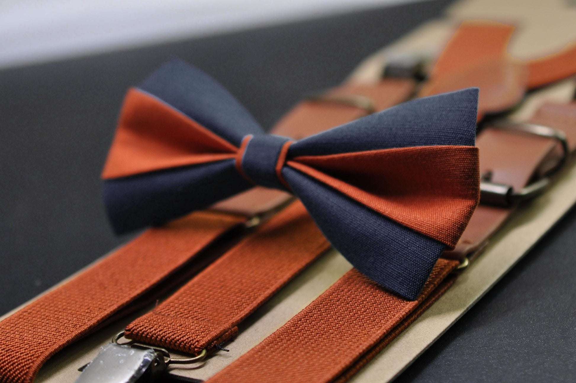 Burnt Orange and Dark Navy Blue Bow tie Bowtie+ Burnt Orange Suspenders Braces for Men / Youth/ Boys Kids / Baby Infant Toddler