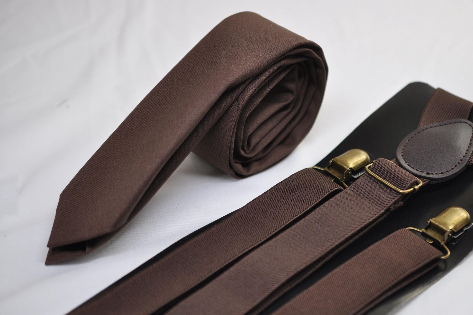 Men Dark Brown Coffee Chocolate Skinny Neck tie Necktie + Elastic Braces Suspenders + Pocket Squares