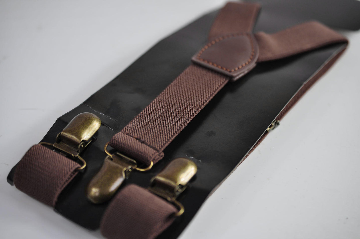 Men Dark Brown Coffee Chocolate Skinny Neck tie Necktie + Elastic Braces Suspenders + Pocket Squares