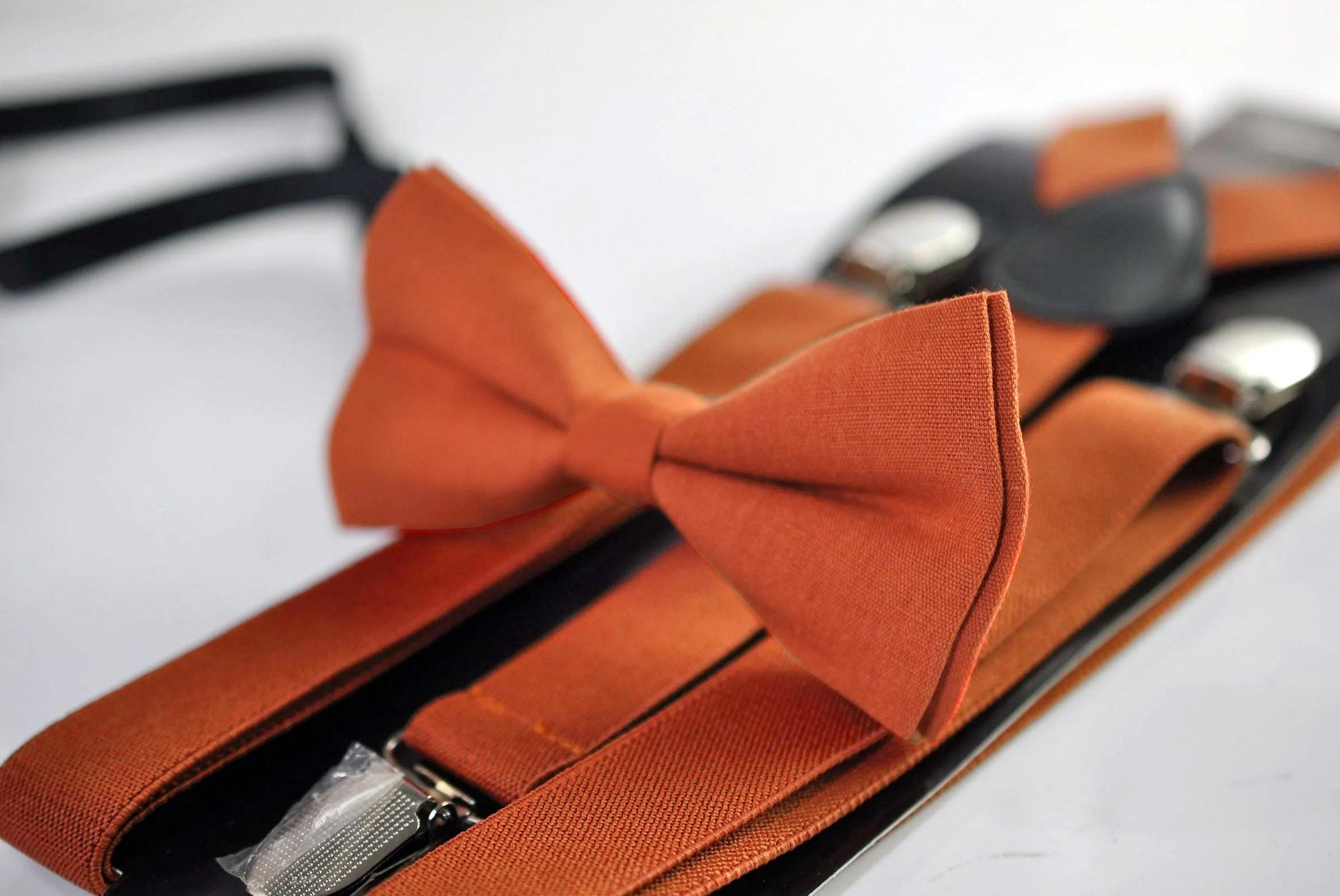 Burnt Orange Linen Bow tie Bowtie + matched Suspenders Braces + Pocket Squares + Cuff links for Men / Youth/ Boys Kids / Baby Infant Toddler
