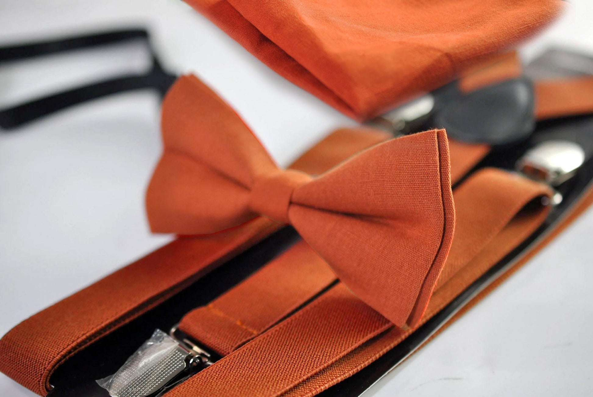 Burnt Orange Linen Bow tie Bowtie + matched Suspenders Braces + Pocket Squares + Cuff links for Men / Youth/ Boys Kids / Baby Infant Toddler