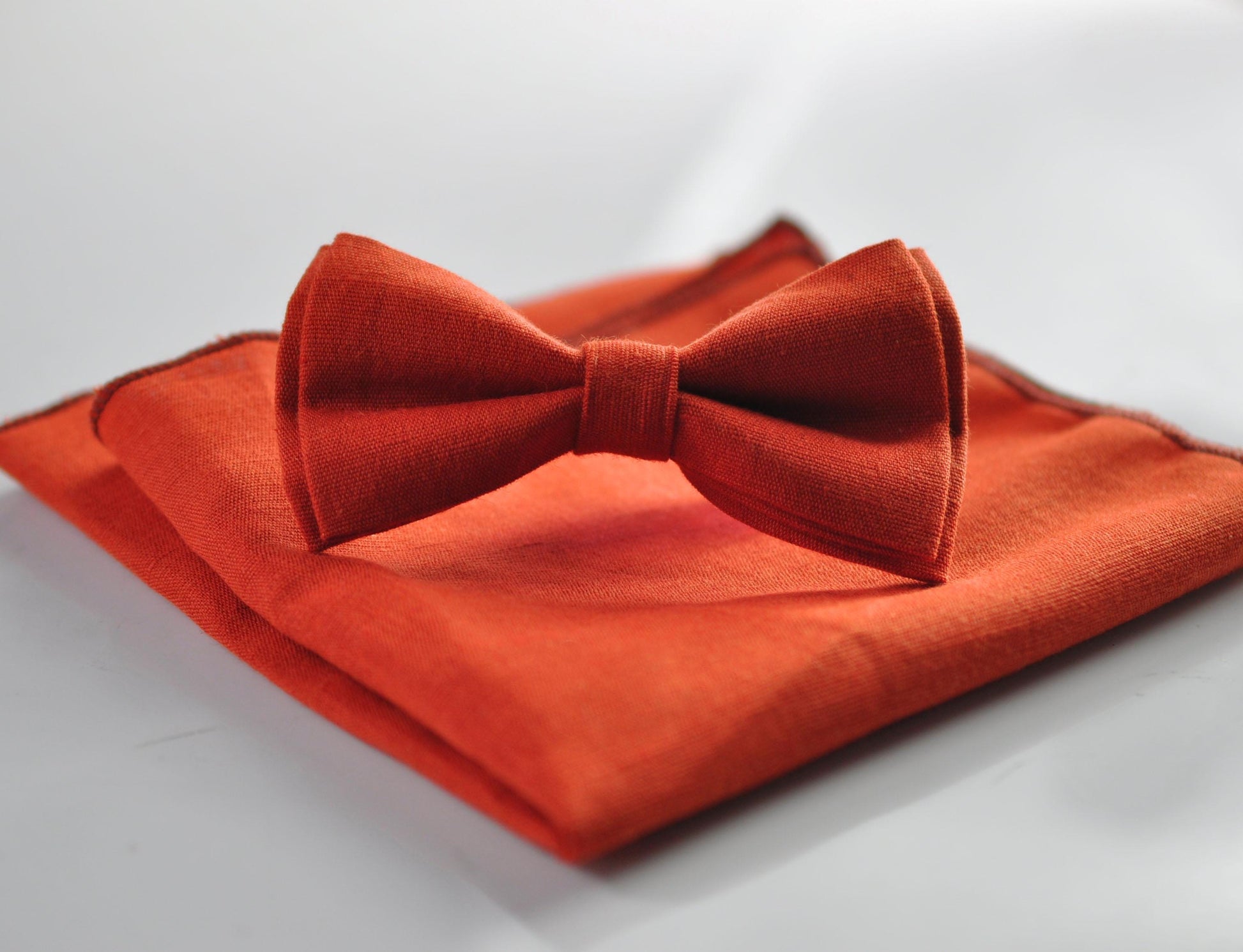 Burnt Orange Linen Bow tie Bowtie + matched Suspenders Braces + Pocket Squares + Cuff links for Men / Youth/ Boys Kids / Baby Infant Toddler