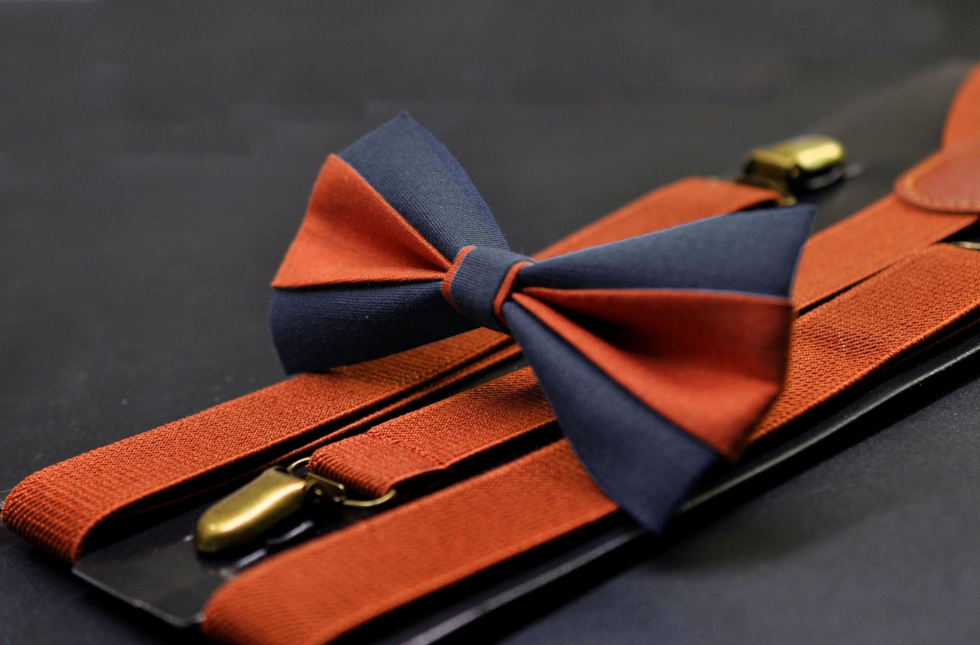 Burnt Orange Navy Blue Bow tie Bowtie+ Burnt Orange Suspenders Braces + Pocket Squares for Men / Youth/ Boys Kids / Baby Infant Toddler