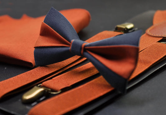 Burnt Orange Navy Blue Bow tie Bowtie+ Burnt Orange Suspenders Braces + Pocket Squares for Men / Youth/ Boys Kids / Baby Infant Toddler