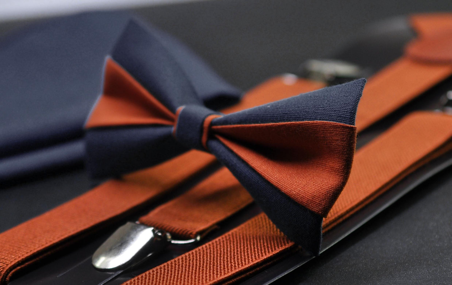 Burnt Orange Navy Blue Bow tie Bowtie+ Burnt Orange Suspenders Braces + Pocket Squares for Men / Youth/ Boys Kids / Baby Infant Toddler