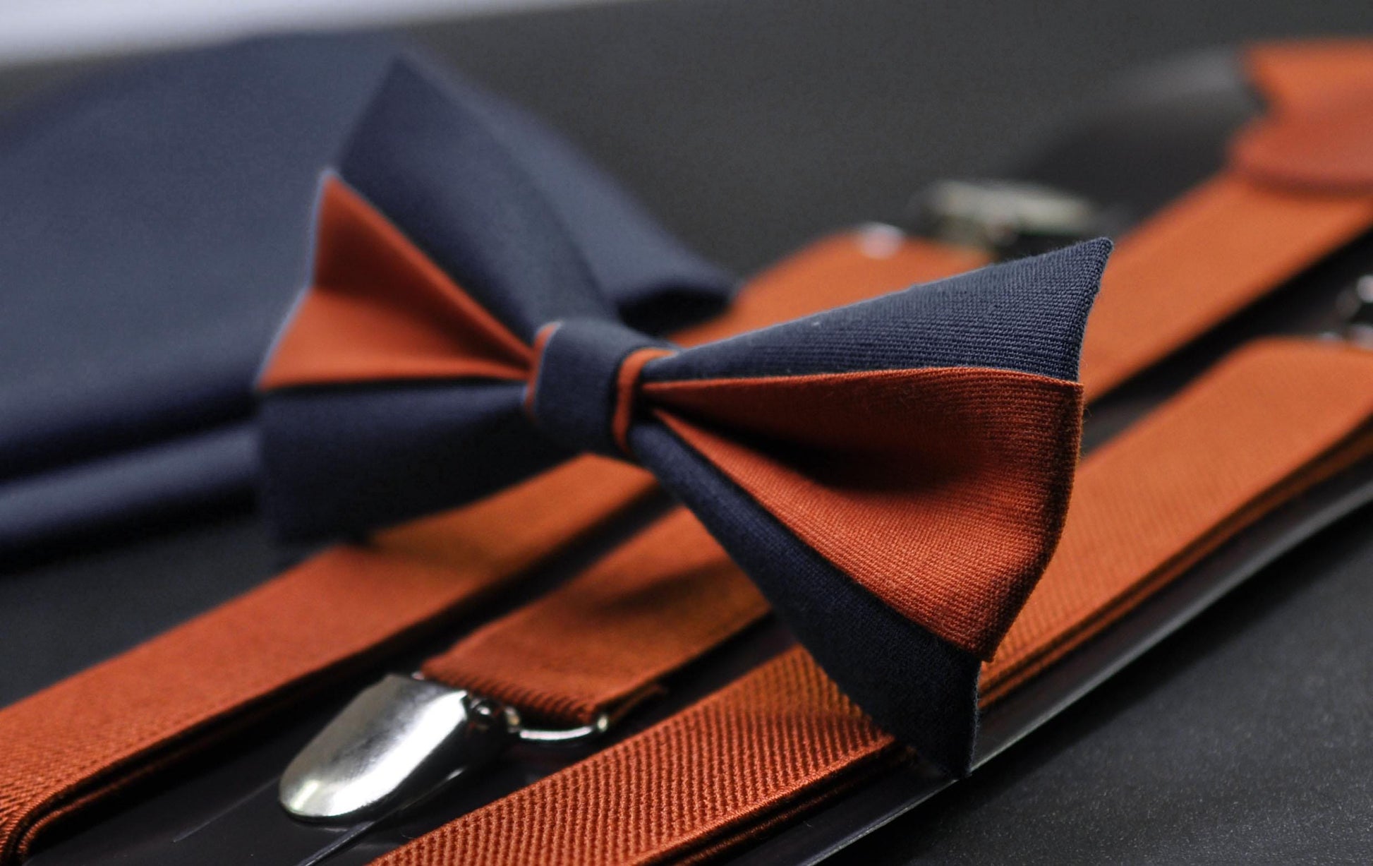 Burnt Orange Navy Blue Bow tie Bowtie+ Burnt Orange Suspenders Braces + Pocket Squares for Men / Youth/ Boys Kids / Baby Infant Toddler