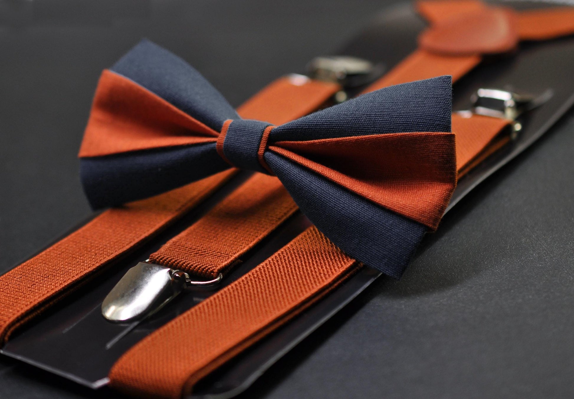 Burnt Orange Navy Blue Bow tie Bowtie+ Burnt Orange Suspenders Braces + Pocket Squares for Men / Youth/ Boys Kids / Baby Infant Toddler