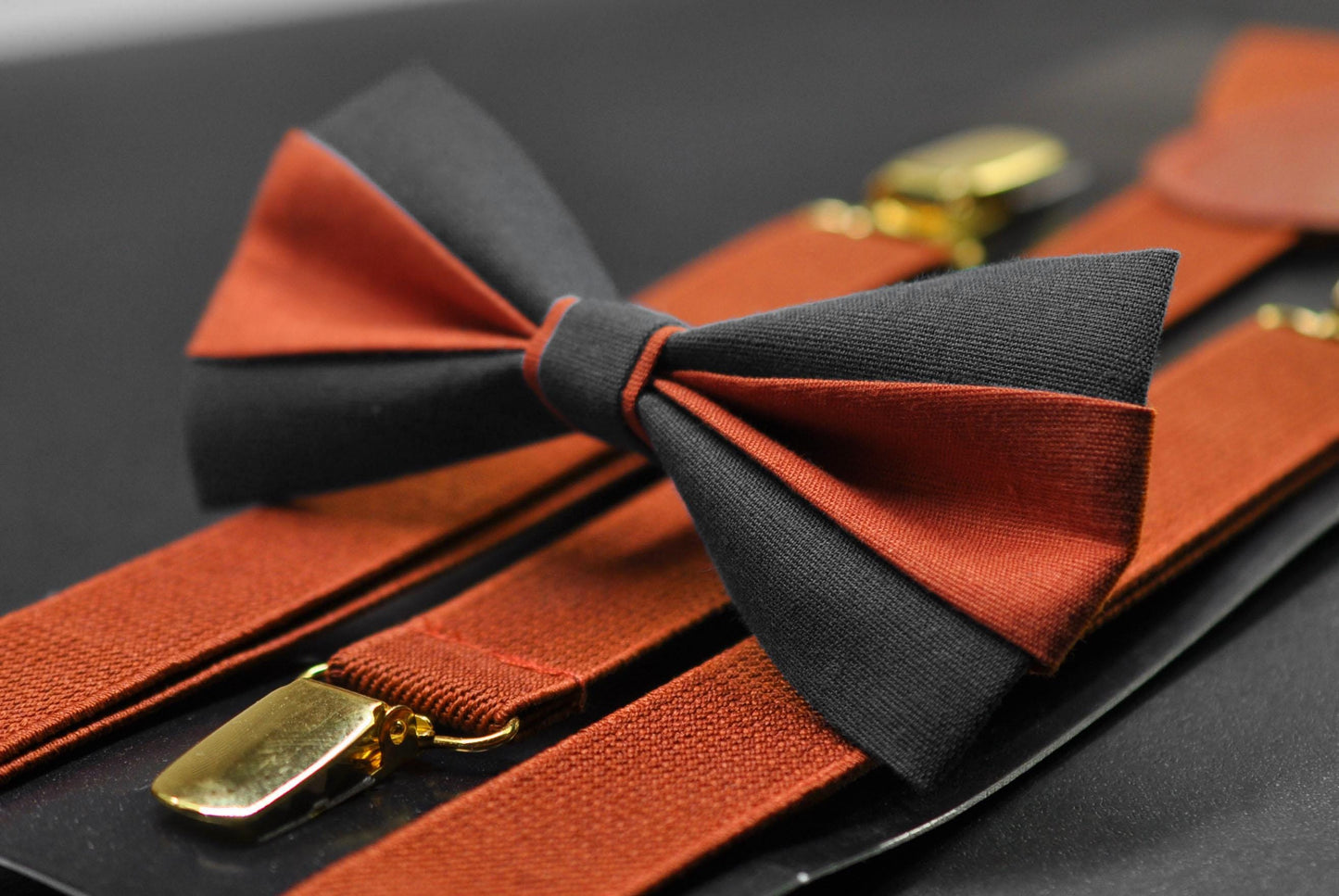 Burnt Orange and Black Bow tie Bowtie+ Burnt Orange Suspenders Braces for Men / Youth/ Boys Kids / Baby Infant Toddler