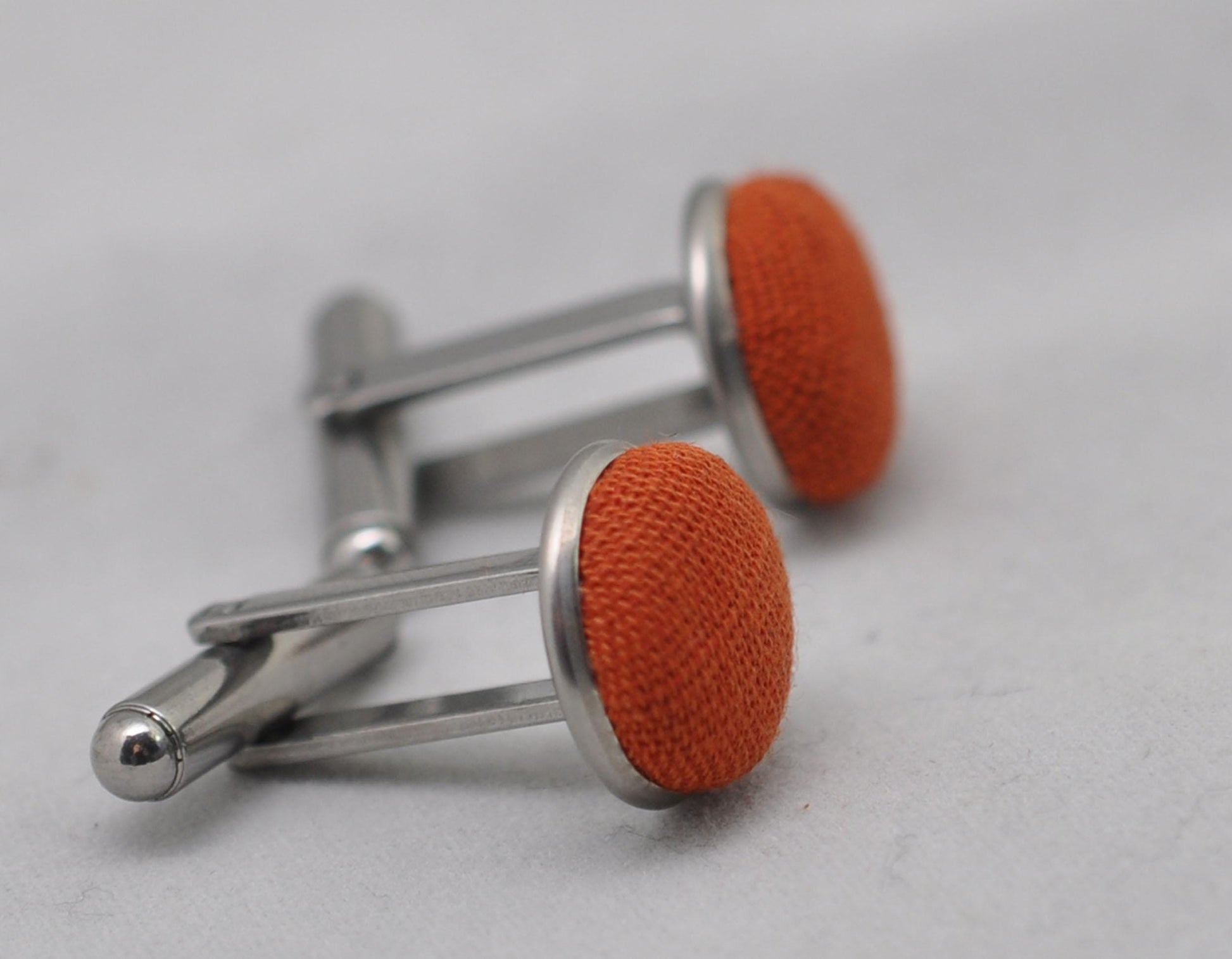 Burnt Orange Linen Fabric Silver Cufflinks Cuff links Cuff-links