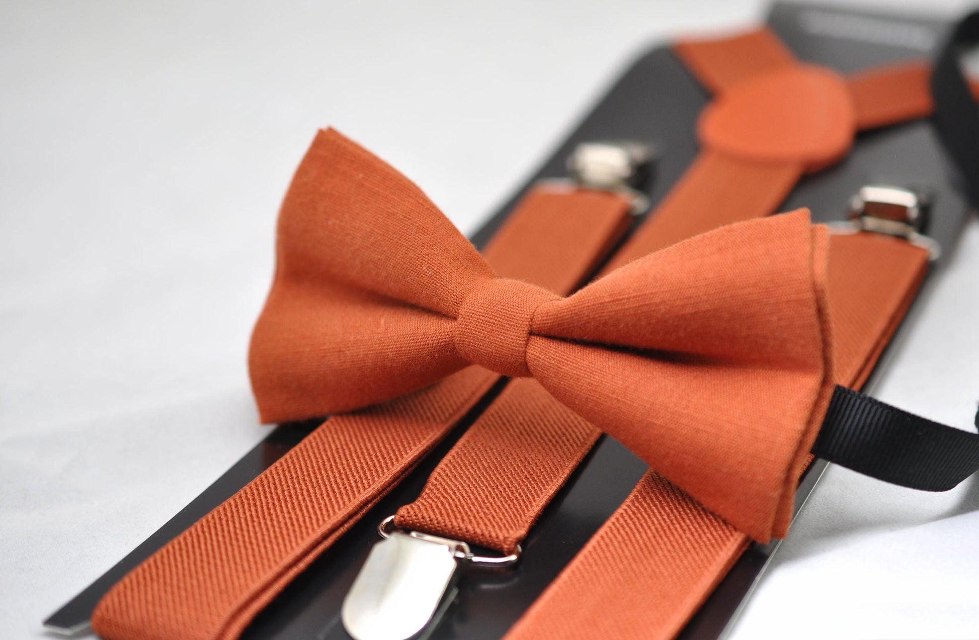 Burnt Orange Linen Bow tie Bowtie + Pocket Squares + Elastic Suspenders Braces for Men / Youth Teenage/ Boys Kids / Baby Infant Toddler