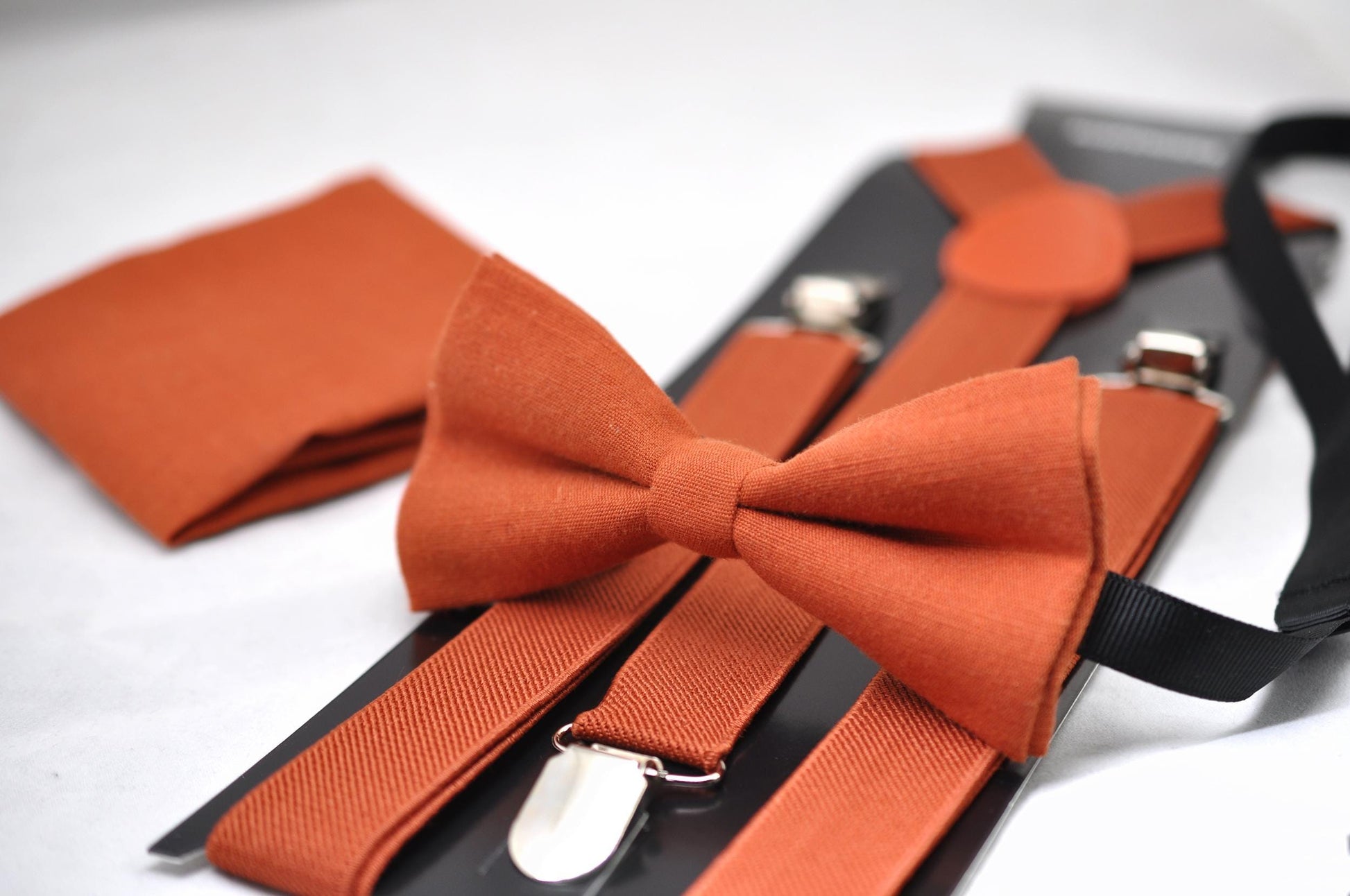 Burnt Orange Linen Bow tie Bowtie + Pocket Squares + Elastic Suspenders Braces for Men / Youth Teenage/ Boys Kids / Baby Infant Toddler