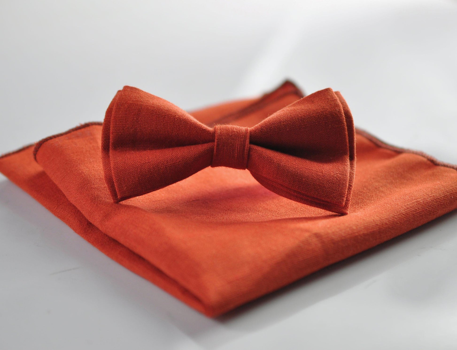 Burnt Orange Linen Bow tie Bowtie + Pocket Squares + Elastic Suspenders Braces for Men / Youth Teenage/ Boys Kids / Baby Infant Toddler