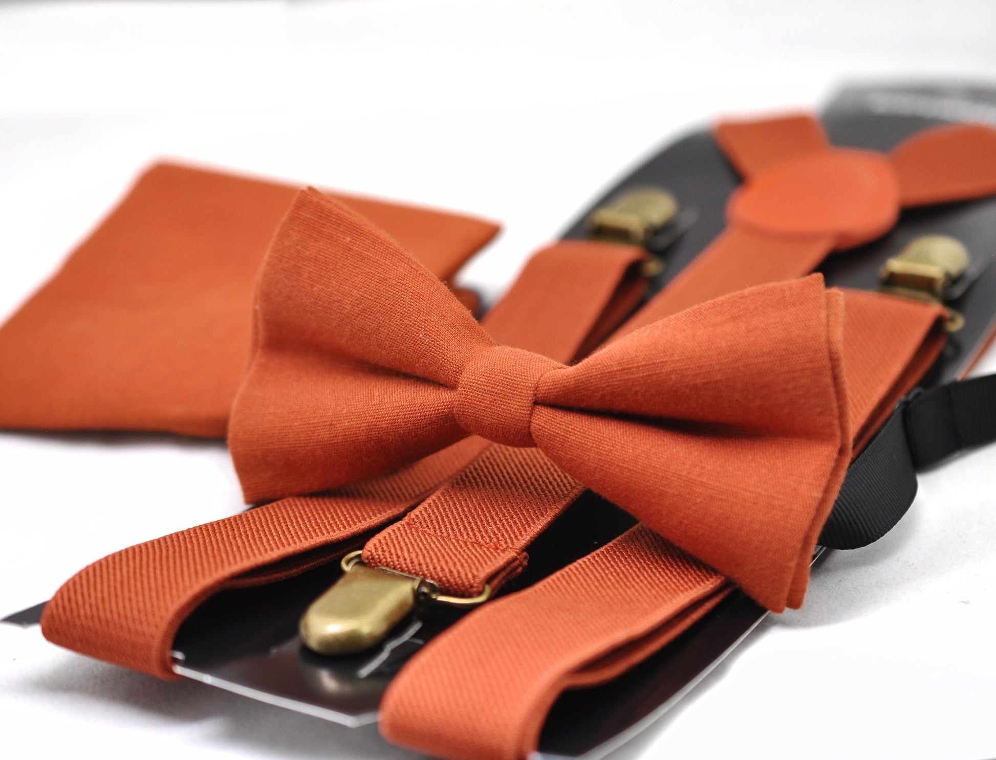 Burnt Orange Linen Bow tie Bowtie + Pocket Squares + Elastic Suspenders Braces for Men / Youth Teenage/ Boys Kids / Baby Infant Toddler