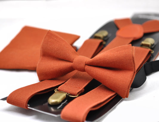 Burnt Orange Linen Bow tie Bowtie + Pocket Squares + Elastic Suspenders Braces for Men / Youth Teenage/ Boys Kids / Baby Infant Toddler