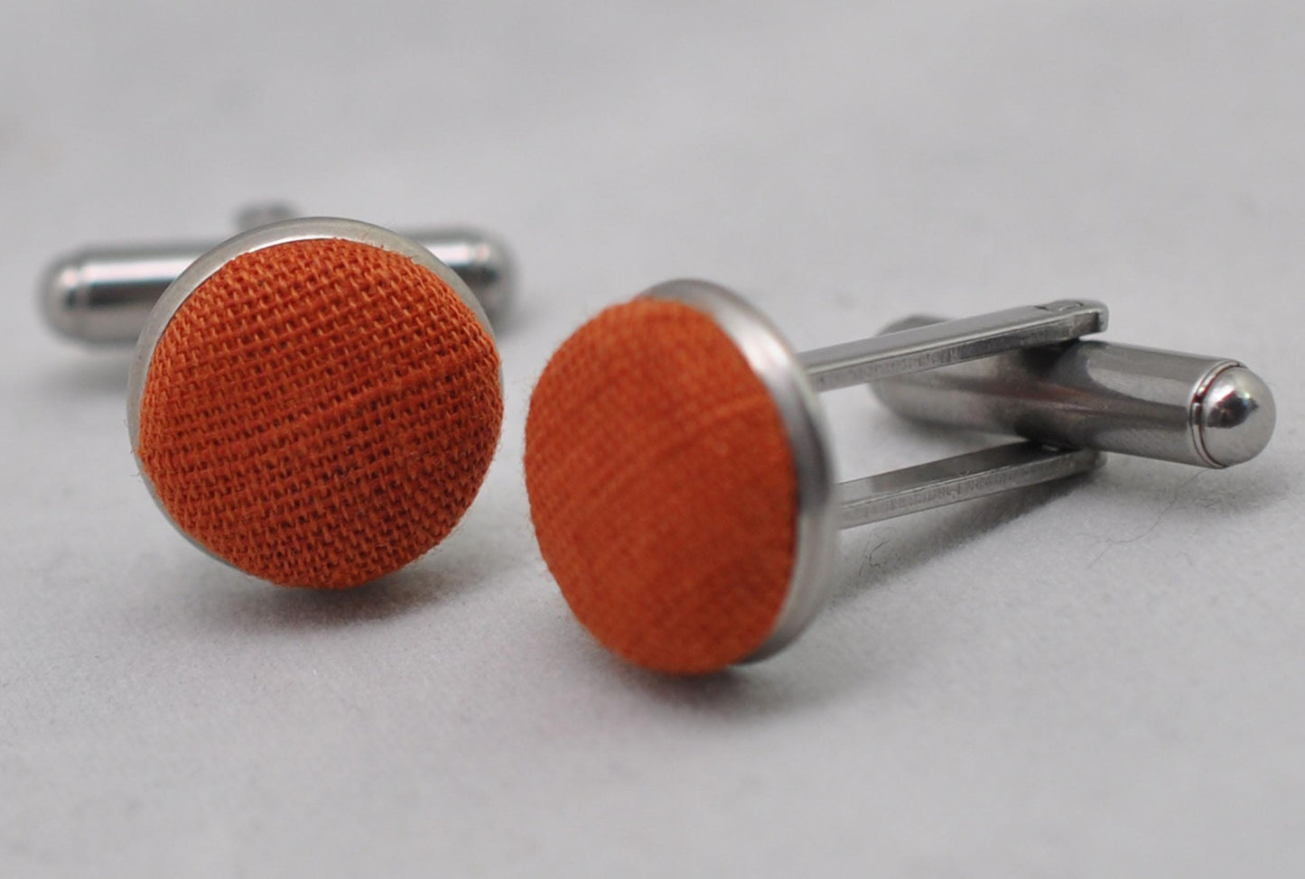 Burnt Orange Linen Fabric Silver Cufflinks Cuff links Cuff-links
