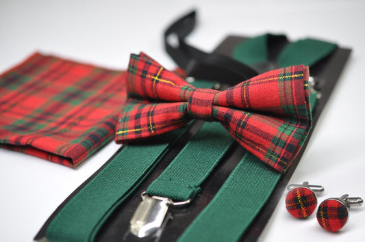 Red Green Gold Tartan Xmas Christmas Bow tie + Green Suspenders Braces + Pocket Squares Handkerchief + Cuff links Men / Boys Kids / Baby