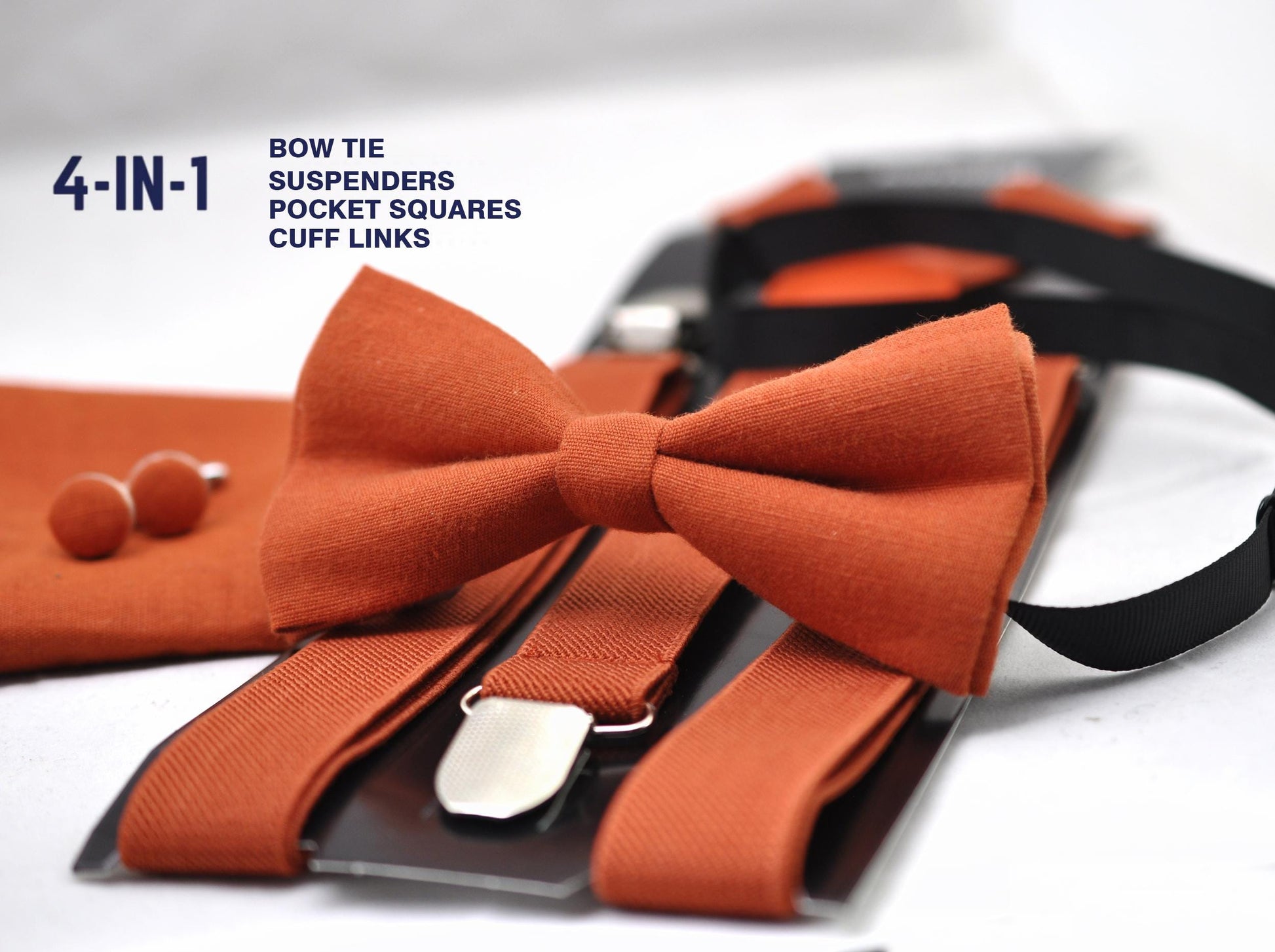 Burnt Orange Linen Bow tie Bowtie + matched Suspenders Braces + Pocket Squares + Cuff links for Men / Youth/ Boys Kids / Baby Infant Toddler