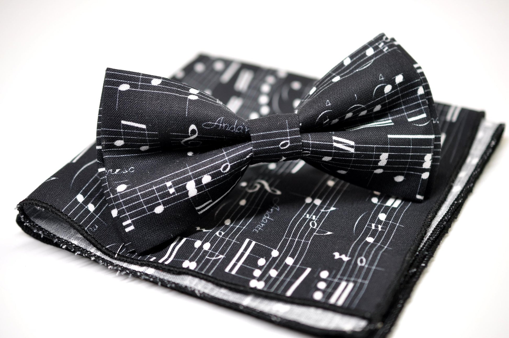 Black White Sheet Music Notes Bow Tie Bowtie +Pocket Squares Hanky Handkerchief Baby Infant Toddler/ Page Boy Kids Toddler /Youth / Adult