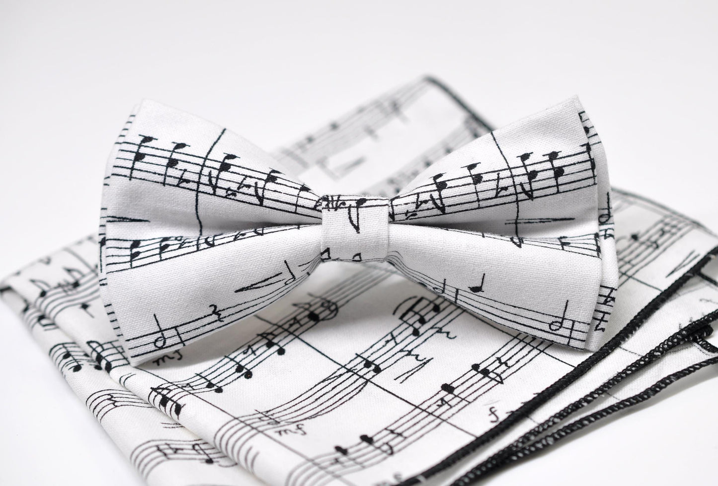 Black White Sheet Music Notes Bow Tie Bowtie +Pocket Squares Hanky Handkerchief Baby Infant Toddler/ Page Boy Kids Toddler /Youth / Adult