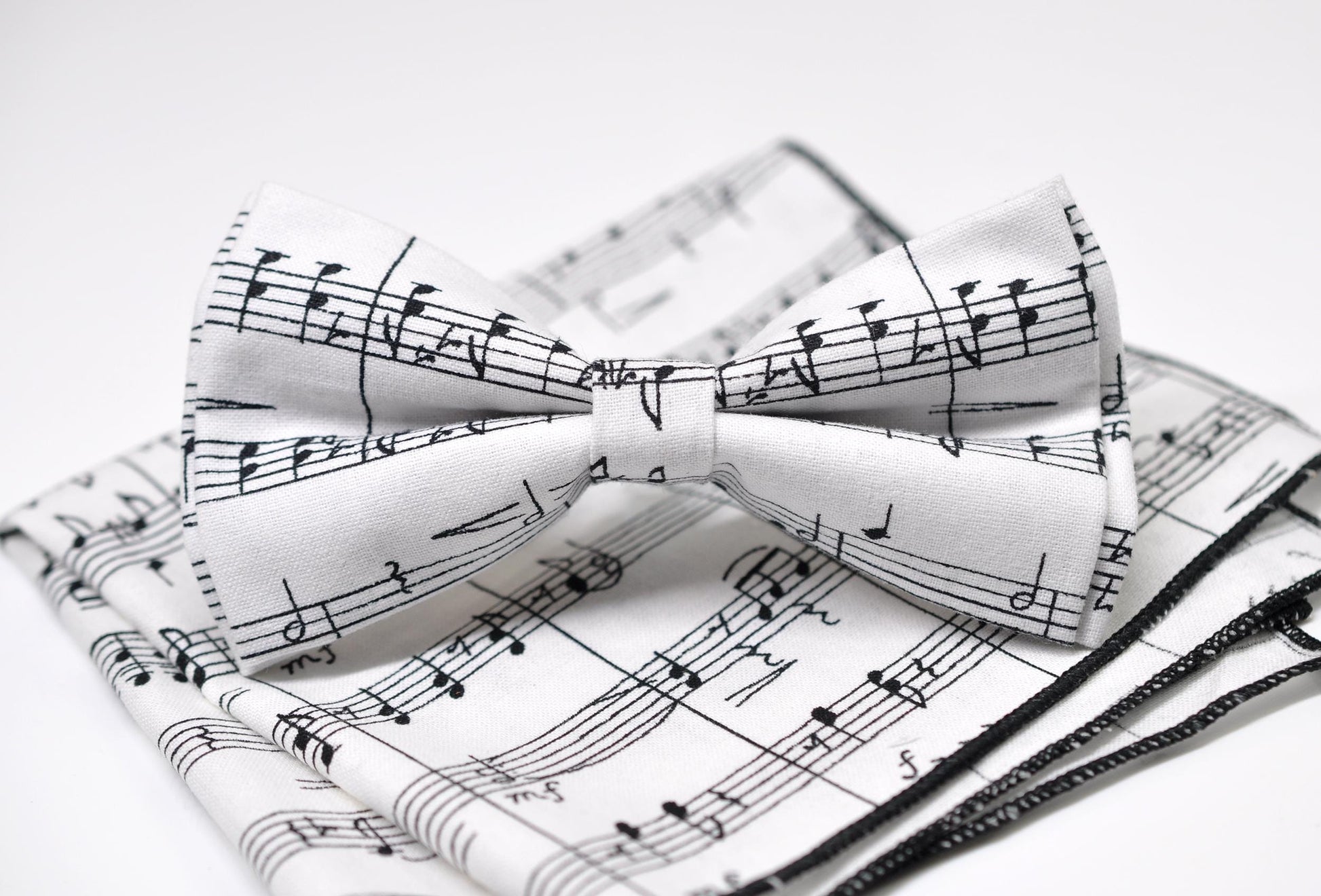 Black White Sheet Music Notes Bow Tie Bowtie +Pocket Squares Hanky Handkerchief Baby Infant Toddler/ Page Boy Kids Toddler /Youth / Adult